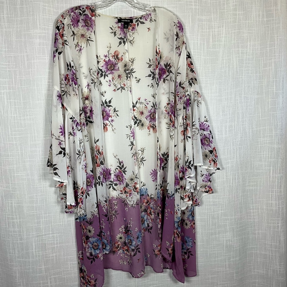 Torrid Cardigan Size 1/2 (1X-2X) Floral Print Sheer Top